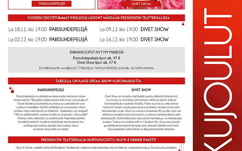 Vuoden odotetuimmat pikkujoulushowt nähdään Presidentin Teatterisalissa!
