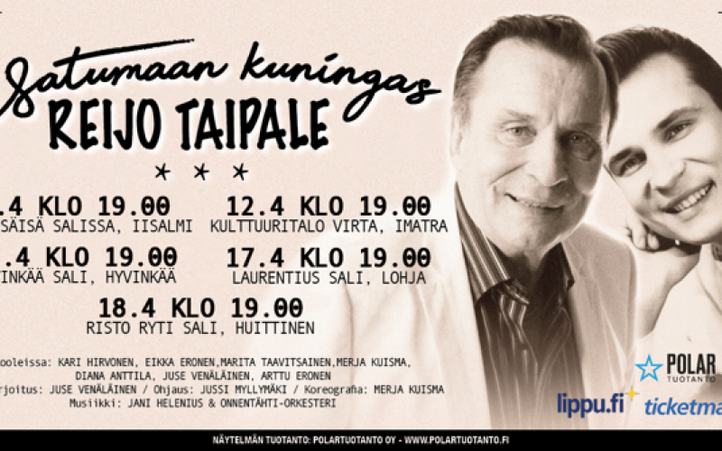 Marita Taavitsaisen ja Kari Hirvosen tähdittämä Satumaan kuningas - laulunäytelmä Reijo Taipaleesta kiertää keväällä viiden esityksen verran ympäri Suomea.